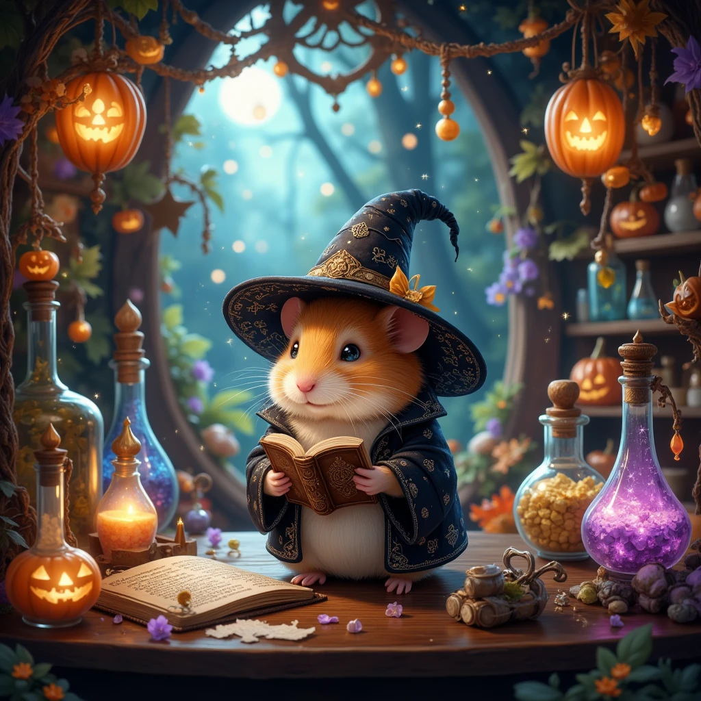 (A cute hamster dressed as an elegant magician in a midnight black robe lined with tiny, swirling runes of silver ink, and a hat that seems to brim with starlight) It stands enthralled by the alchemy lab's lively charisma, an eclectic assemblage of paraphernalia from myriad epochs of spellcraft. Bottles of every conceivable shape and color vie for attention, their contents glowing with supernatural vibrancy, creating a spectrum of luminescence that dances across the dark wooden walls. Halloween spirit abounds as ethereal strands of light weave around hanging charms and lanterns shaped like grinning jack-o'-lanterns, each with a flicker of spectral fire inside. The atmosphere is intoxicatingly magical, filled with the whimsical melody of distant, invisible choirs and the harmonious tones of mystical chimes twinkling like the stars. Our diminutive mage is absorbed in a tome bound with dragonhide, ancient words humming with energy beneath the hamster’s curious gaze. The atelier is a place where alchemy and enchantment converge, where the air sparkles with possibility, and the very corners seem to thrum with unspoken spells. In this resplendent locale, the boundaries of imagination and reality blur, washed in a hypnotic cascade of color and light—a playground for the fantastical and the delightful.