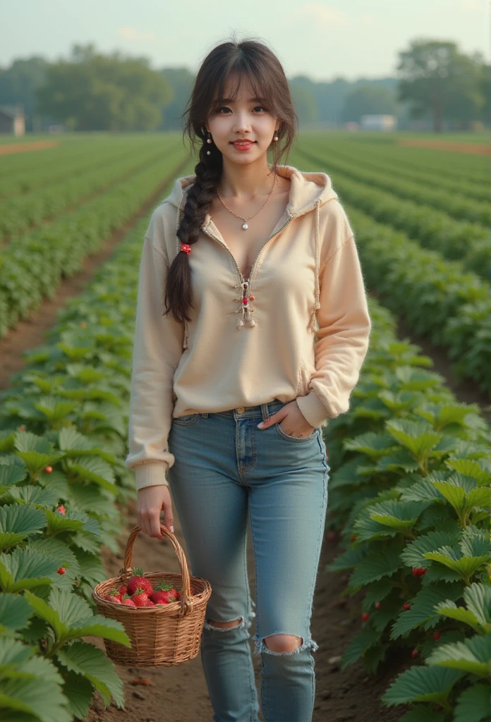 A beautiful girl,long hair ponytail braid,bangs,pendant pearl earrings,red rope pendant necklace,half-zipper milk apricot color matching long sleeve hooded pocket lace-up hoodie,blue pencil small feet jeans,(wearing gray and white platform daddy shoes),(full body),Carrying a basket of strawberries,standing in a strawberry field,body,strawberry field background,8K,ultra HD quality,HD photography,masterpiece,good composition,