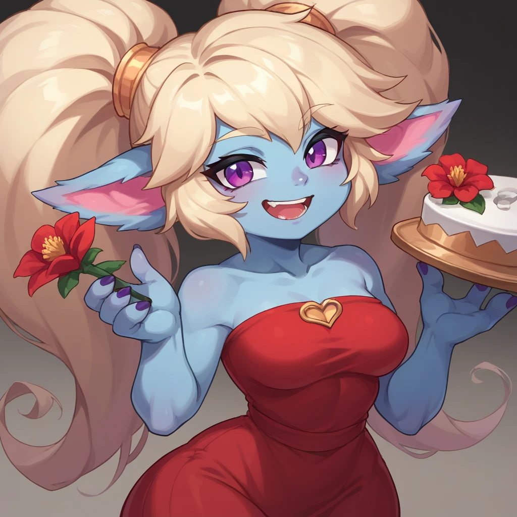 Poppy, Yordle, Small drum, colored skin, blonde hair, purple eyes, 3 fingers, 1 thumb, medium breasts, traditional day of the dead dress, long skirt, red blouse, medium bust, wide hips, jewelry on the dress, tender smile, open mouth, velvet flowers in the background. Looks at the viewer, winks, has a flirtatious face, holds a velvet flower in her right hand and sings for the audience.