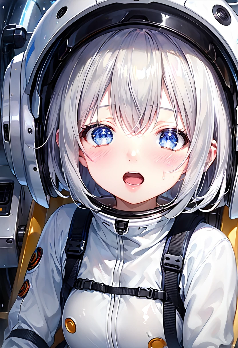 weating from the pleasure, ((((expression just before climax))))((eyes open)), (can't control the pleasure), sweaty, (whole body is drenched in sweat), An uncontrollable expression, (Opening mouth wide), (screaming), (very detailedな目と顔),blue eyes, small breasts,　 soaked,  clothes,Mech Suit,Black innerwear,SF,
Silver Hair,