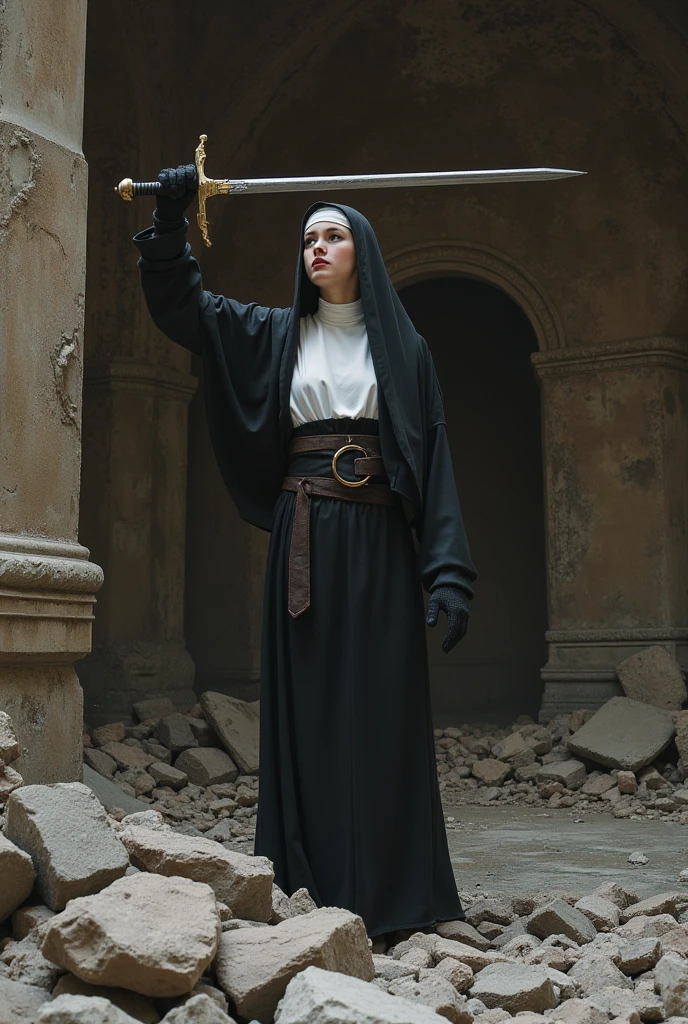 brush_art, dynamic pose, cinematic, a beauty medieval nun, clad in habit and wimple, stands defiantly amidst a ruined chapel's rubble-strewn floor. Flickering torchlight casts shadows on her determined face as she holds aloft a battle-weathered sword, its crossguard glinting like a beacon of faith. Crumbling stone walls loom behind her, worn frescoes whispering ancient secrets.