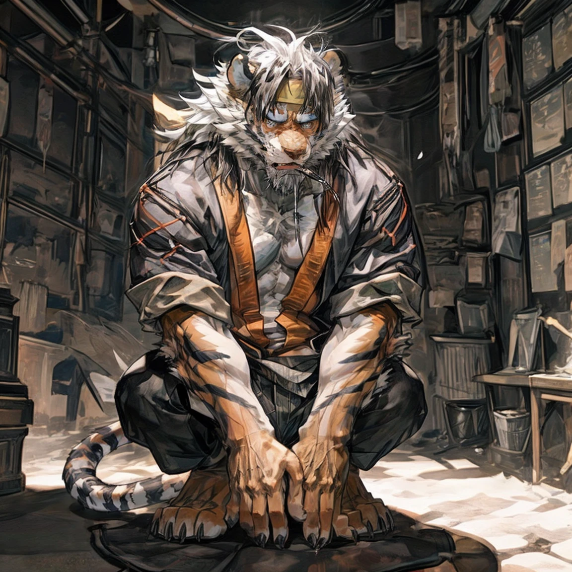 Masterpiece,Best quality,1boys, arcanine,Solo,8K HD,Extreme detail,Detailed background,Masterpiece,aged up, view the viewer,Beard,Sideburns,Open clothes,Thick eyebrows,Headband,Tiger ear, Kneeling on both knees, Keep someone's appearance, helpless, Pitiful look, The look of being rejected, Love cannot be conveyed, Emotional outbursts, Loss of emotional control, Emotional, Lovelorn Look, Appear all over the body, Rich in details, Furry texture, He burst into tears, constricted pupils, half-closed eyes, aqua eyes, crying with eyes open, tears, wide eyes, messy hair, wet hair, sad, saliva, mouth hold, screaming, crying, scared, tearing up, jealous, nervous, shaded, unconscious, expressions, moaning, endured face, glint, yandere, skin fang, fang, fang out, light blush, teeth, expressionless eyes, disappointed, envy, jealous, upset, horrified, sobbing, worried, panicking, sulking, frustrated whole body