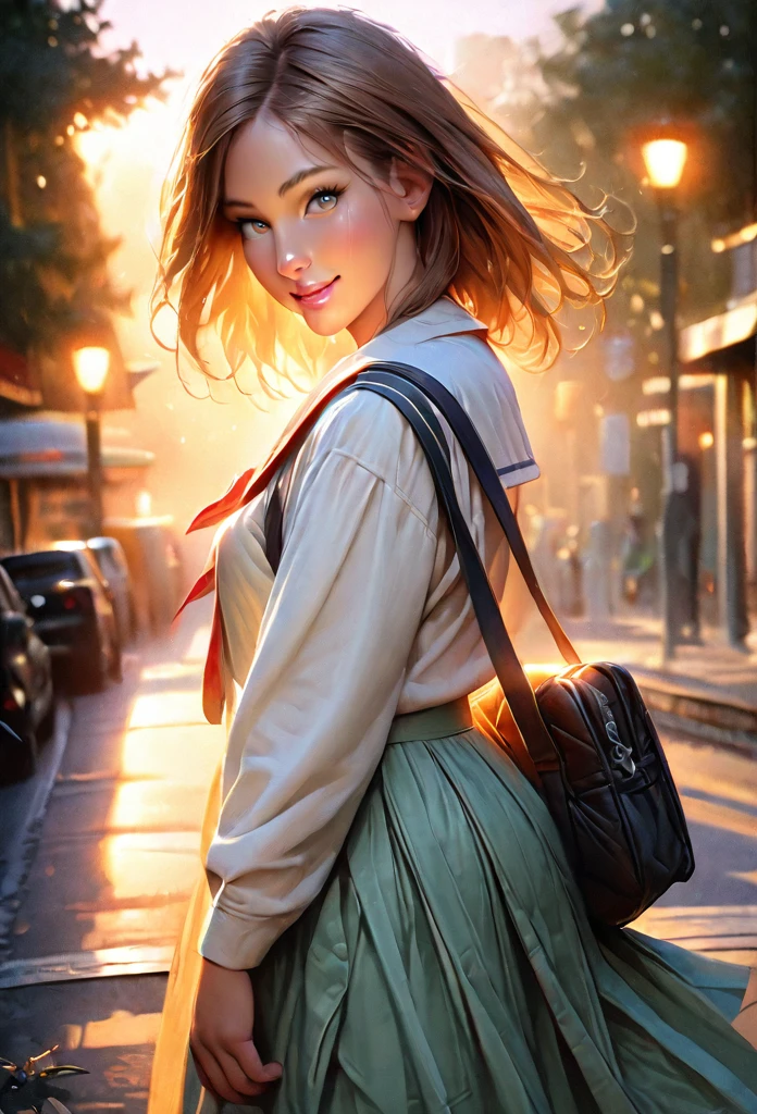 a girl student, smiling at the viewer, Showa era scenery, sunset, watercolor, on the way home from school, gentle illustration, 1 girl, school uniform, long skirt, shoulder bag, trees, street lamps, pastel colors, soft lighting, atmospheric, nostalgic, warm, beautiful detailed eyes, beautiful detailed lips, extremely detailed eyes and face, long eyelashes, peaceful expression, looking back, (best quality,4k,8k,highres,masterpiece:1.2),ultra-detailed,(realistic,photorealistic,photo-realistic:1.37),studio lighting,vivid colors,bokeh