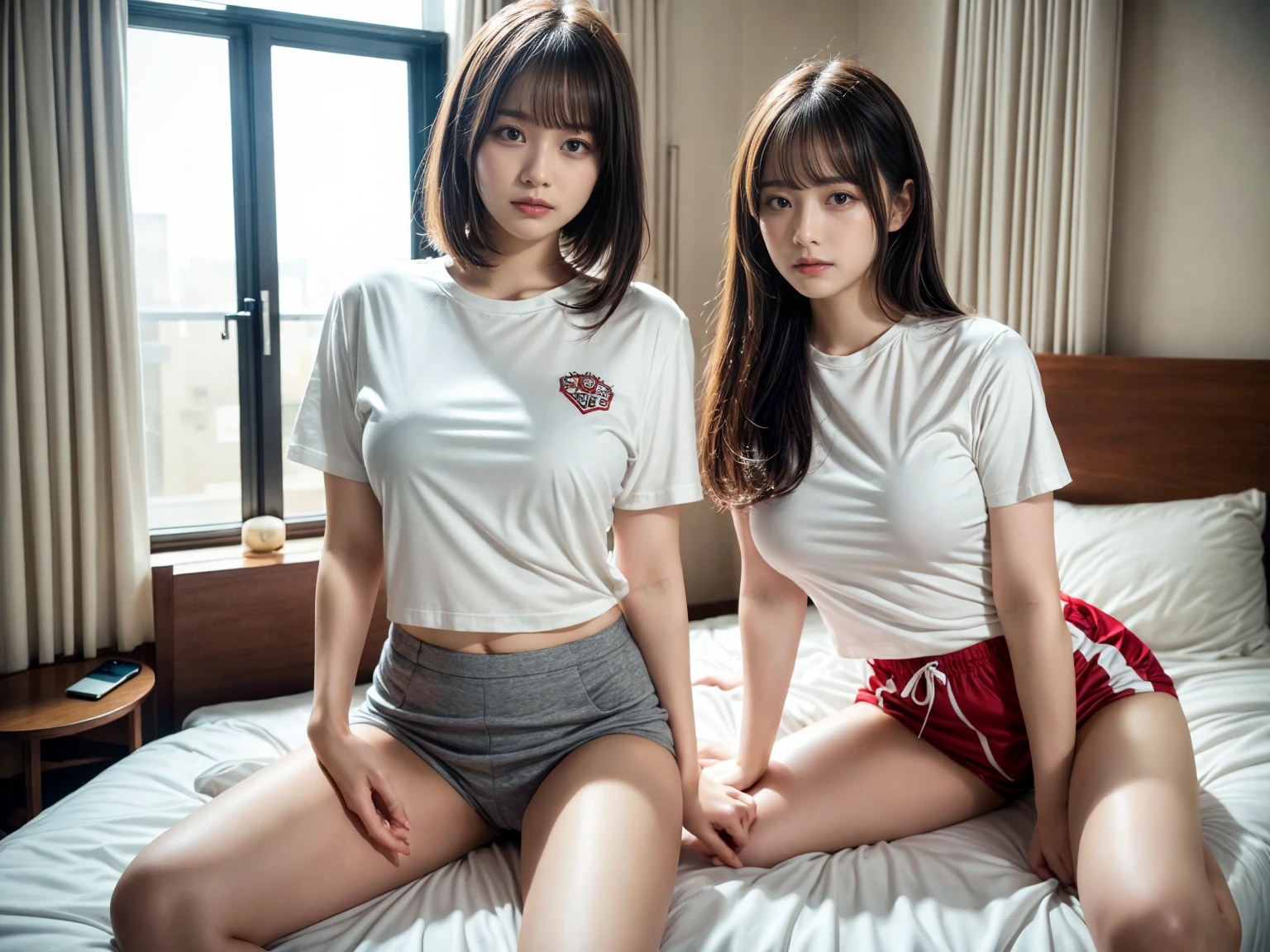 masterpiece, best quality, illustration, Super detailed, fine details, High resolution, 8K,wall paper, perfect dynamic composition,(Details High quality, realistic depiction of eyes:1.3), (2 girls), oversized sport shirt, shorts women, sitting, open legs, short bob hair, in a hotel room in the background, deep on field, large breasts, black hair color, Big Natural Color Lip, (perfect body shape), crying a little、Harajuku style、20 year old girl、cute type、beautiful legs, Gravure Idol