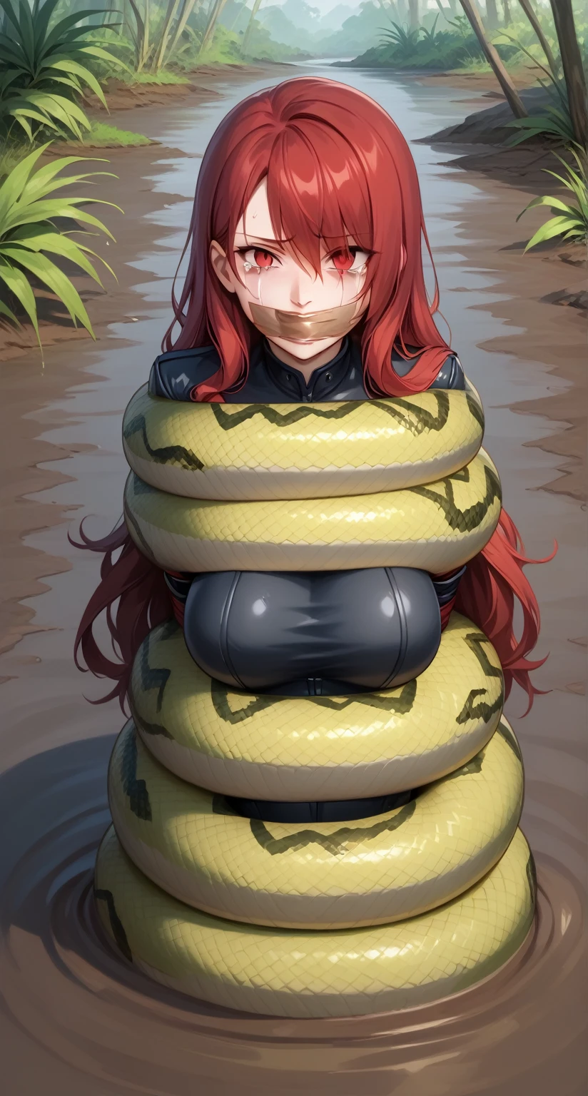 (black bodysuit, grey bodysuit:1.4), kirijou mitsuru, (red eyes, long hair, messy hair, red hair:1.4), 1girl, (gag, gagged, tape gag, restrained:1.4), (((fear, tears, crying))), thigh gap, (((large breasts))), ((a girl is sinking into quicksand)), ((quicksand)), (((standing))), sinking in quicksand, partially submerged, (only upper body visible), Sinking in mud, jungle, (arms behind back:1.4), (framed breasts), (toned body:1.2), kirijoarena, hair over one eye, black bodysuit, black gloves, belt, (snake coil, coiling, the snake coils around the girl, snake, green snake:1.2)
