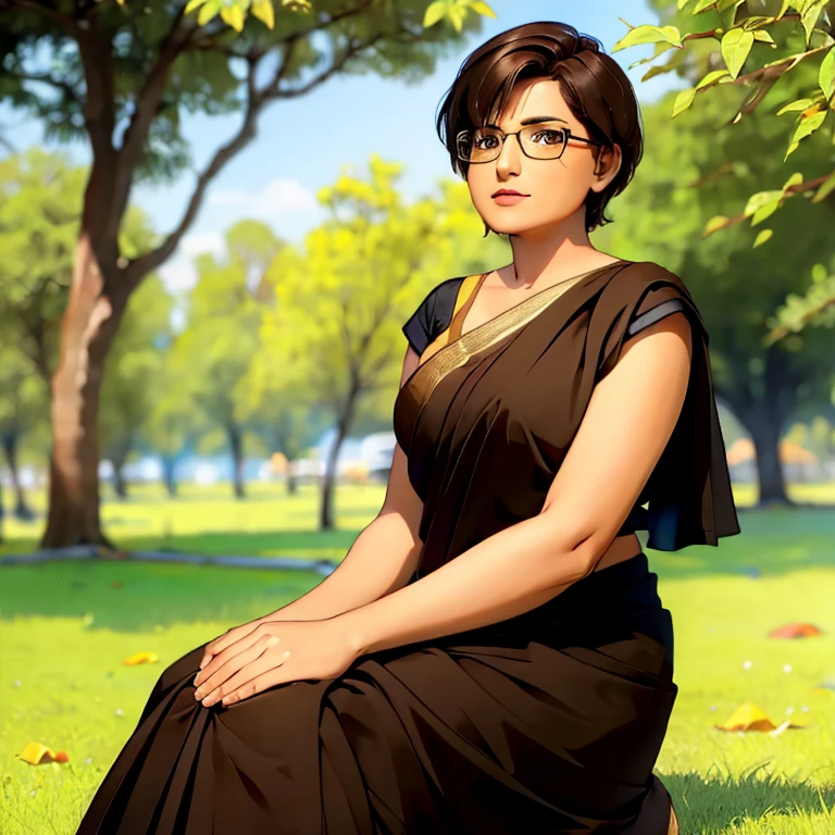 solo,1girl,black hair ,brown eyes ,pixie cut hair, hair bang, wearing saree, wearing glasses, sitting by a tree