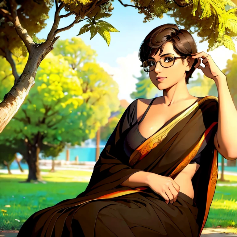 solo,1girl,black hair ,brown eyes ,pixie cut hair, hair bang, wearing saree, wearing glasses, sitting by a tree