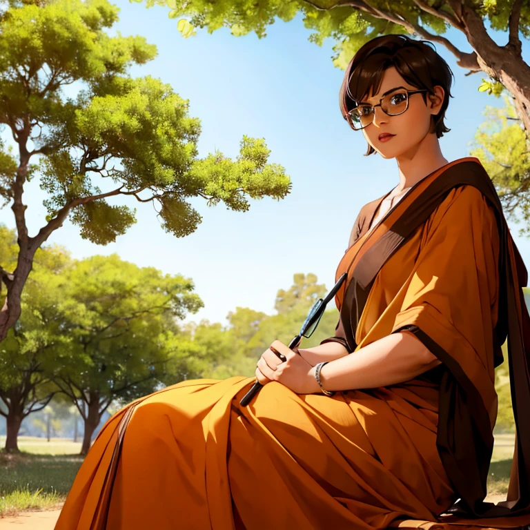 solo,1girl,black hair ,brown eyes ,pixie cut hair, hair bang, wearing saree, wearing glasses, sitting by a tree