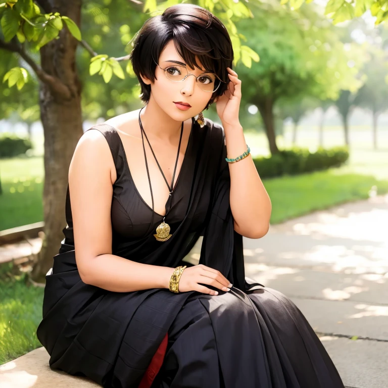 solo,1girl,black hair ,brown eyes ,pixie cut hair, hair bang, wearing saree, wearing glasses, sitting by a tree