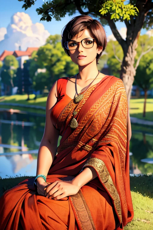 solo,1girl,black hair ,brown eyes ,pixie cut hair, hair bang, wearing saree, wearing glasses, sitting by a tree