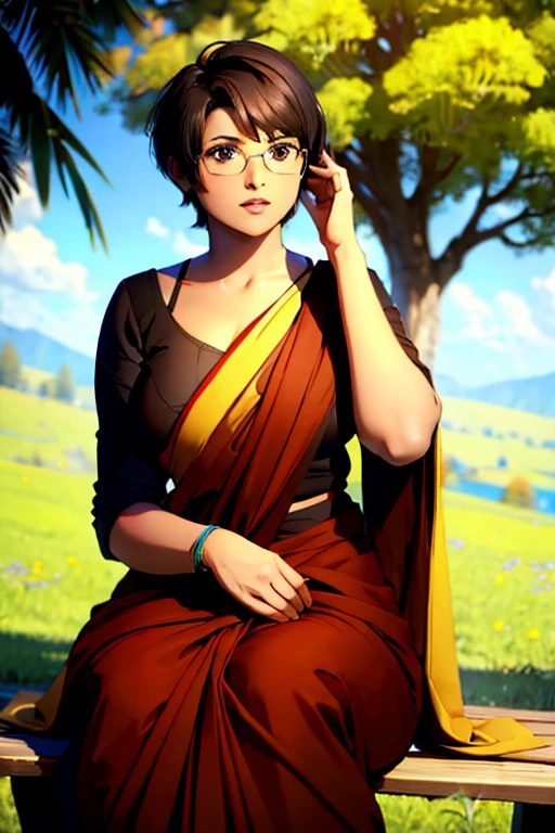 solo,1girl,black hair ,brown eyes ,pixie cut hair, hair bang, wearing saree, wearing glasses, sitting by a tree