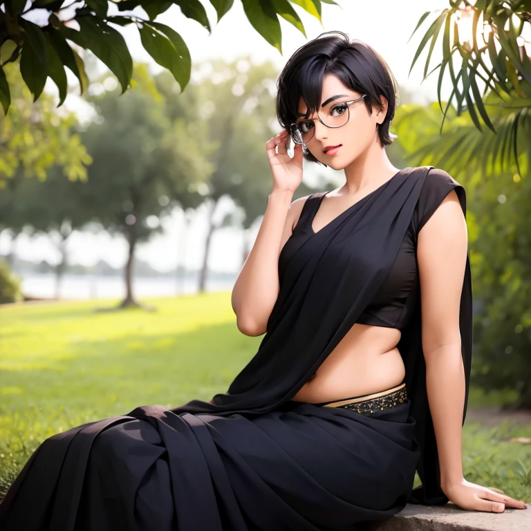 solo,1girl,black hair ,brown eyes ,pixie cut hair, hair bang, wearing saree, wearing glasses, sitting by a tree