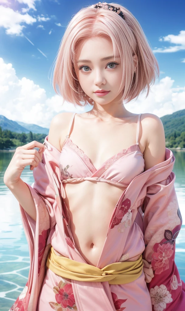 (10 years old) ,girl、(Bunny ears headband)。(Random Nudes)，Exhibitionism，((Random exposure of genitals))。　Beautiful areola。Small breasts. Thin Hair。(On top of a snowy mountain). Detailed and complex background。((Bright pink hair))。(Round face). ((Short Bob Hair)). Cute smile. Idol&#39;s face. Smooth Hair. Thin Hair. White skin. Heart pose with hands