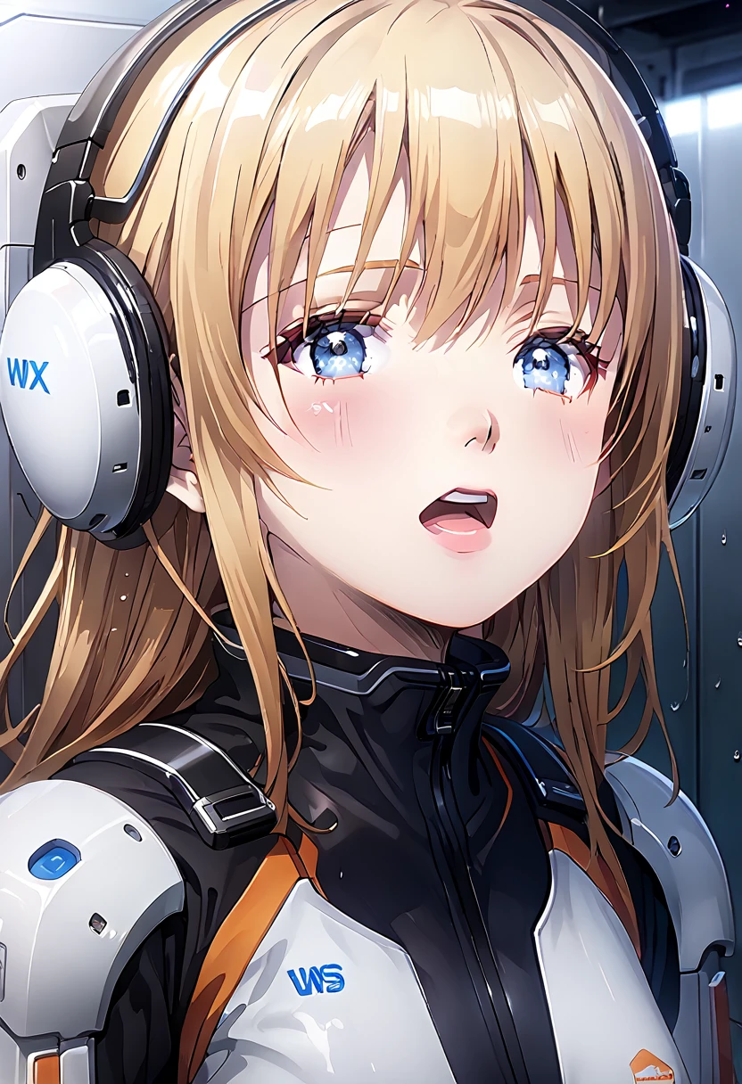 weating from the pleasure, ((((expression just before climax))))((eyes open)), (can't control the pleasure), sweaty, (whole body is drenched in sweat), An uncontrollable expression, (Opening mouth wide), (screaming), (very detailedな目と顔),blue eyes, small breasts,　 soaked,  clothes,Mech Suit, black inner,SF 