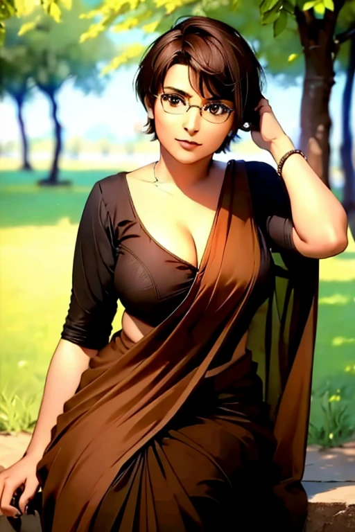 solo,1girl,black hair ,brown eyes ,pixie cut hair, hair bang, wearing saree, wearing glasses, sitting by a tree