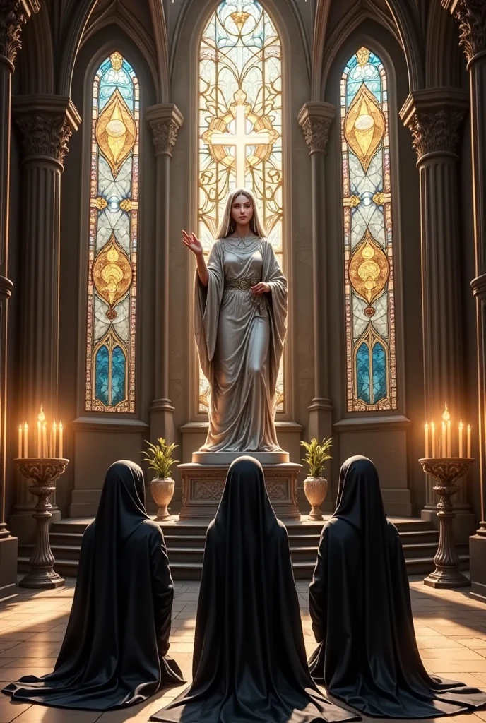 Nuns、Woman praying to a statue of a goddess in a monastery、 Stained Glass、