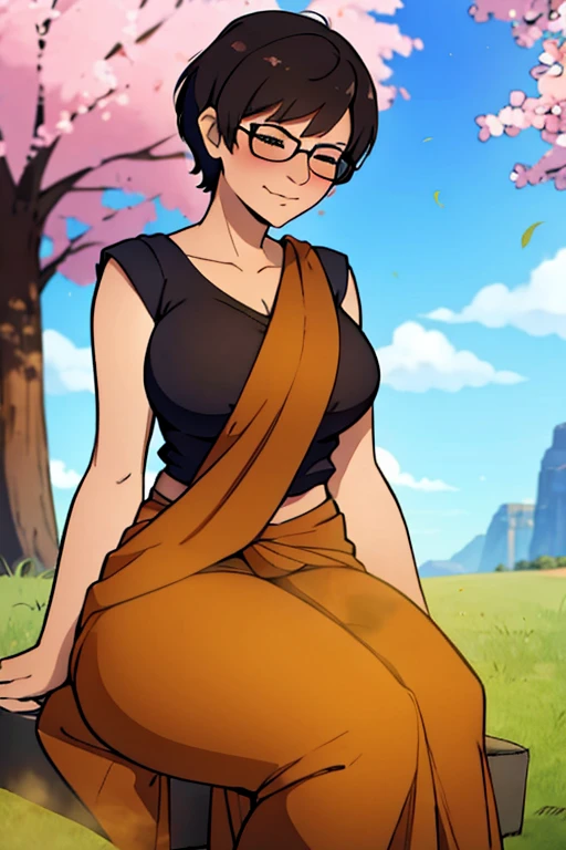 solo,1girl,black hair ,brown eyes ,pixie cut hair, hair bang, wearing saree, wearing glasses, skinny body, sitting by a tree, farting, massive fart, blushing, closed eyes, relieved face