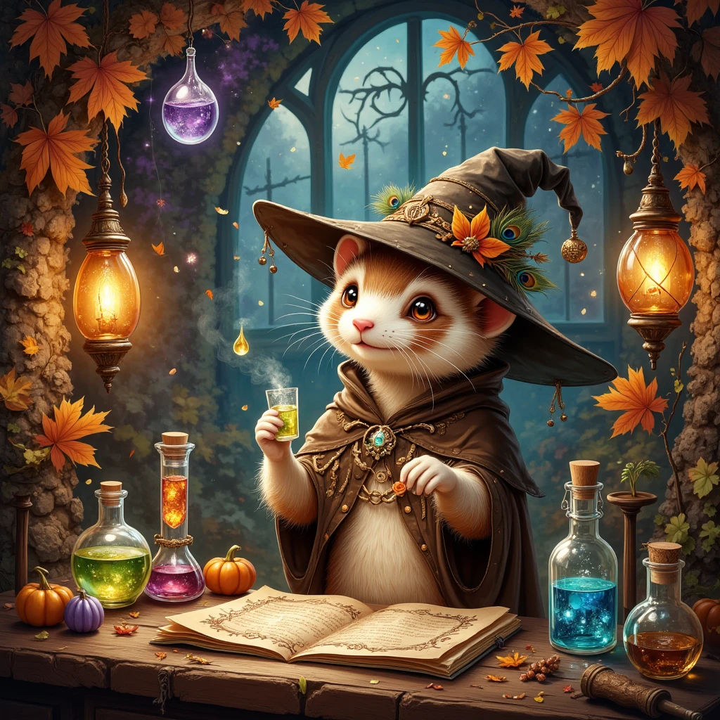 Amidst autumn’s embrace where foliage and whispers intertwine, lies the hidden nook of an inquisitive ferret, an intrepid alchemist wrapped warmly in a cloak of deep, earthly brown. (Its eyes, curious and alert, shine like polished citrine stones) beneath a not-too-gently slanted wizard's hat adorned with peacock feathers. The studio vibrates with an enigmatic aura, haunted softly by the energy of Halloween's mysterious revelry. Mirthful spirits frolic among ruby-tinted lanterns that line walls packed with parchment scrolls and a vast array of potion bottles infused with vivid concoctions that capture the impossible hues of dawn and dusk. Chartreuse, amethyst, and aquamarine liquids within dance to the tune of an unwritten spell. The ferret assembles reagents with nimble paws, crafting an elixir of joy that bursts into a myriad of colors, reflecting wild skies and the promise of laughter. There's a symphony of whispers—secrets translated by the eloquent whispers of a bard's unseen song. The boundaries between dreams and waking life blur into whirlpools of fantasy where time and space are no more than ephemeral accomplices in a dance of eternal laughter within the alchemist’s timeless atelier.