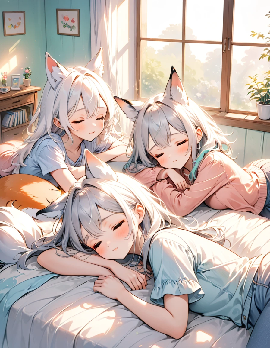 illustration, best quality, pastel,4girls, one girl with white hair and fox ears sleeping peacefully, lying on her stomach, other three girls with fox ears watching her with playful expressions, cozy indoor room, bright natural light from window, casual outfits, relaxed and heartwarming atmosphere, soft and gentle lighting, sense of friendship and tranquility