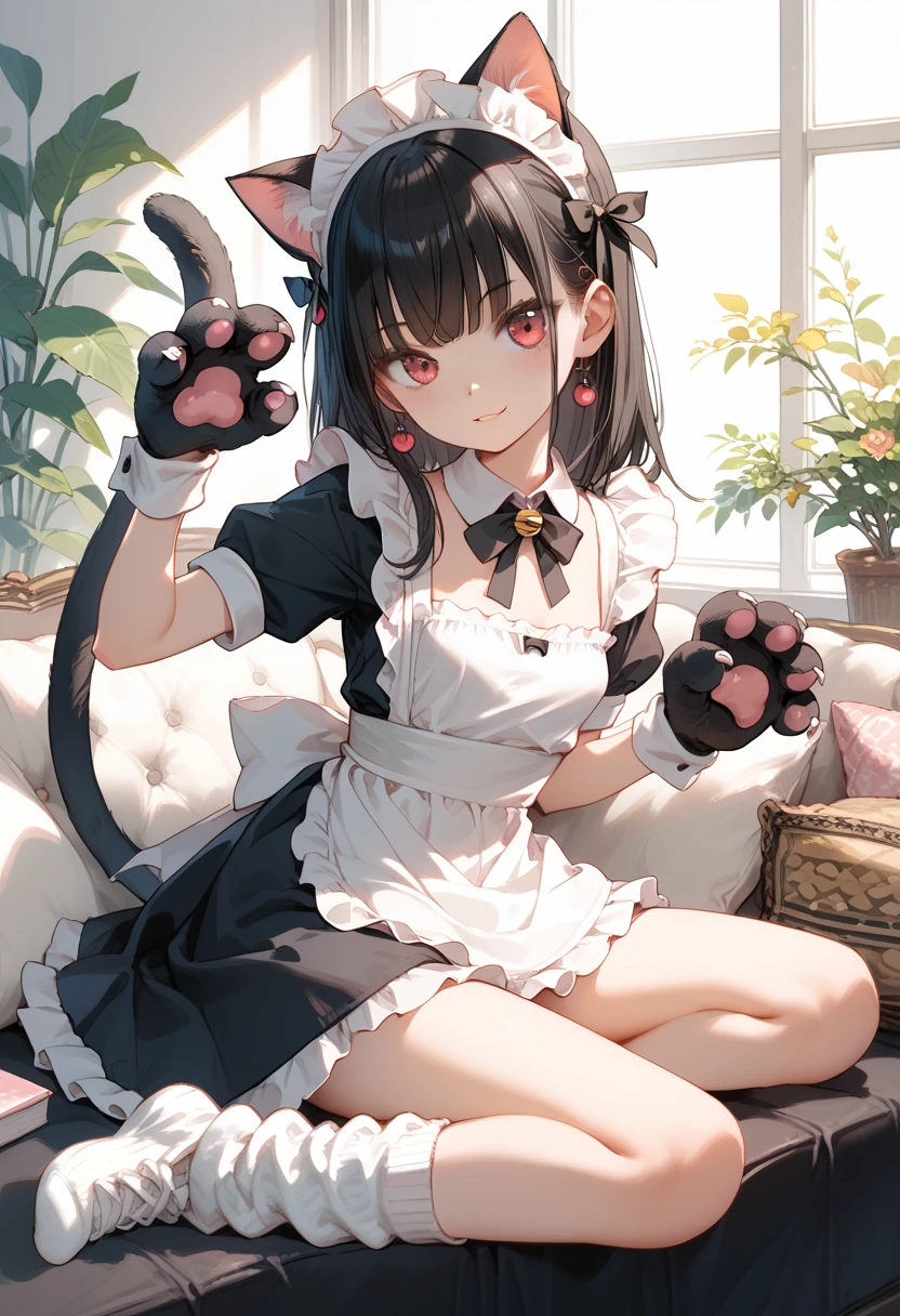 Score_9,Score_8_up,Score_7_up,highest quality anime,,masterpiece,1 girl,slim,small breasts,(Ideal slender proportions),(black_long_hair,straight_bangs,maid costume,loose socks,cat ears,cat tail,cat hands),(cat posing)