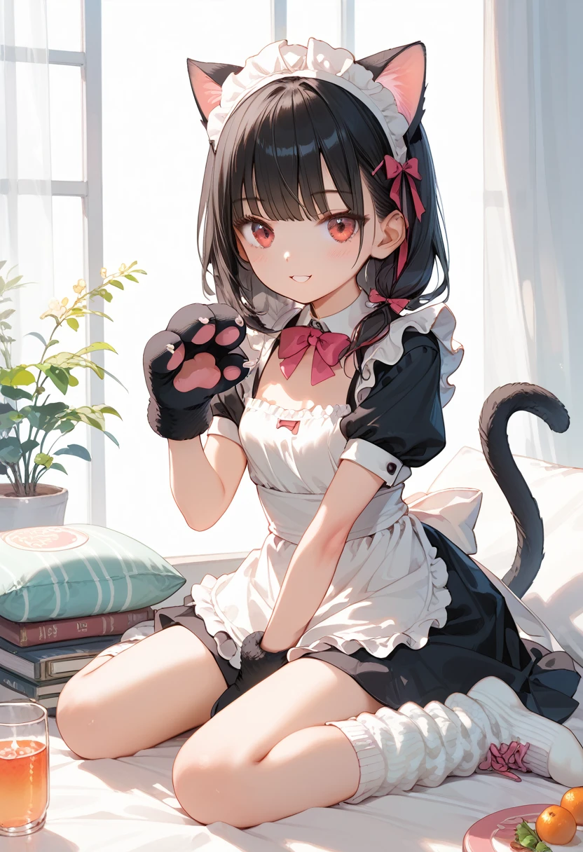 Score_9,Score_8_up,Score_7_up,highest quality anime,,masterpiece,1 girl,slim,small breasts,(Ideal slender proportions),(black_long_hair,straight_bangs,maid costume,loose socks,cat ears,cat tail,cat hands),(cat posing)