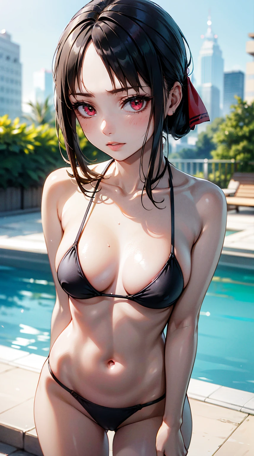 A beautiful black-haired girl is shown to have a slim figure, she is wearing a nsfw bikini, , red eyes, Girl standing by the pool sexy session , pose sexy, She showed off her cleavage , cowboy shot,  superior quality  , many details, Realistic (Very low cut ) ( long hair ) (tied hair) (red bow in her hair) ( shiny ceramic skin ,  pushed out of the background ,  front view , brightly illuminated , ultra Realistic)) ((hiperRealistic)) ((piel con efecto glow)) ((Luminous skin)) ( small breasts) ((tight bikini)) alta resolución, 2k, 4k, 8K, Of course,  good lighting , DETAILED, extremadamente DETAILED,  sharp focus, intricate, beautiful, Realistic +++,  complementary colors,  high quality, hiper DETAILED,  masterpiece , Better quality