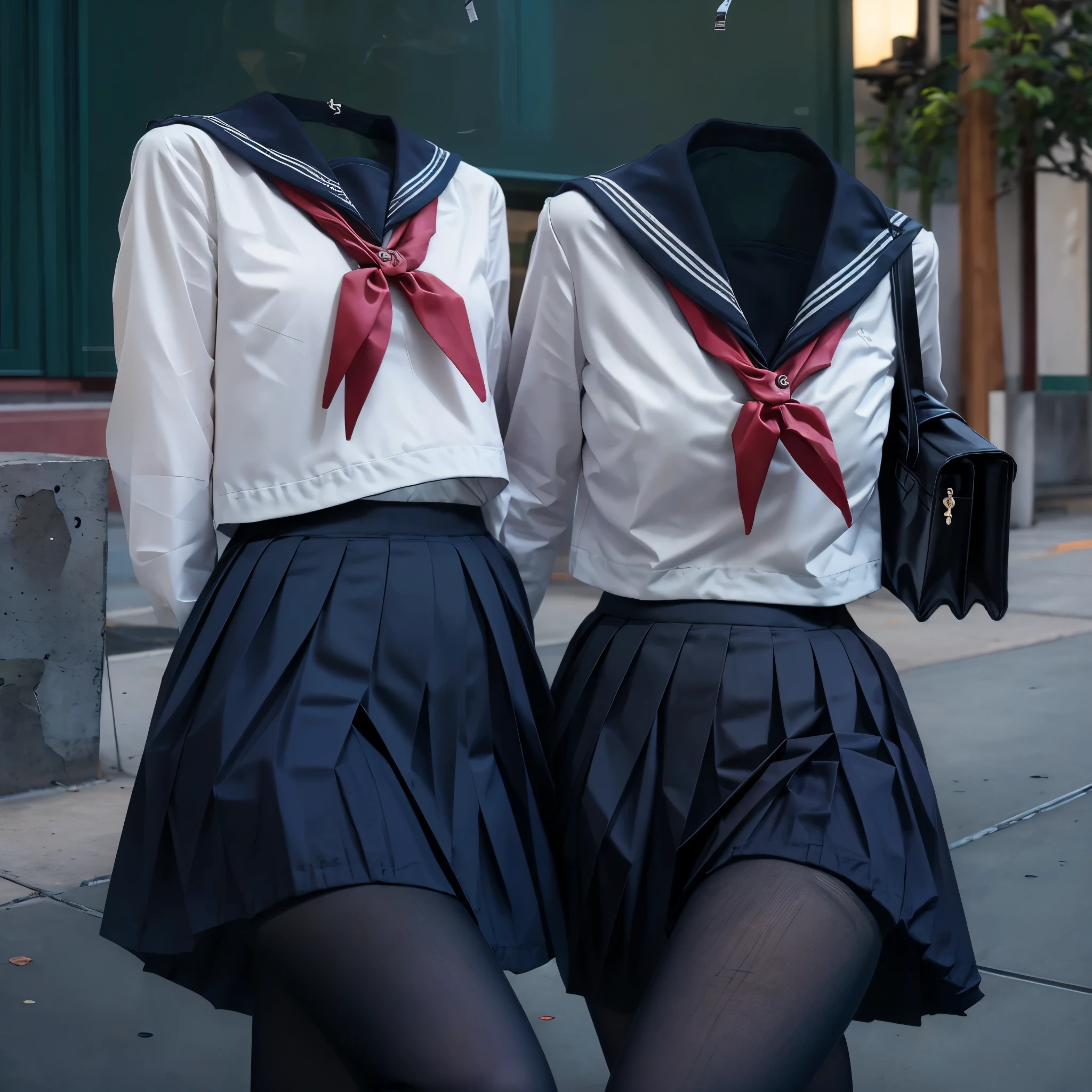 (invisible:1.5, no humans:1.5, headless:1.5, handless, legless), grey skirt, long sleeves, neck ribbon, red ribbon, ribbon, sailor collar, navy school uniform, skirt, navy sailor collar, (cute big breast), black tights, (8k, RAW photo, best quality, masterpiece:1.2), (realistic, photo-realistic:1.37),photon mapping, radiosity, ((Hasselblad photography)),physically-based rendering,