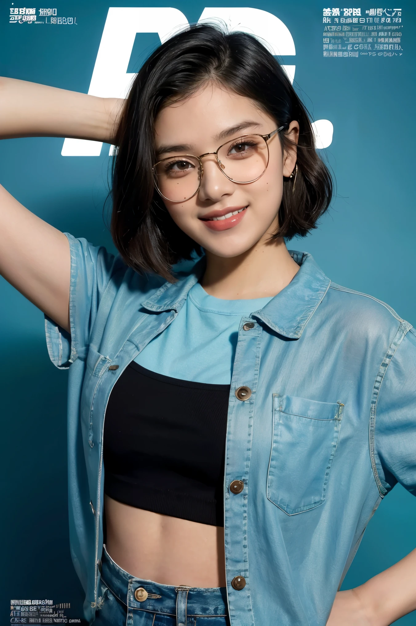 1girl, rounded glasses, big glasses, smiling, looking at the camera, short messy hair, dark-skinned, rounded eyes, cyan blue shirt, black shorts, close up, magazine shot, dynamic pose