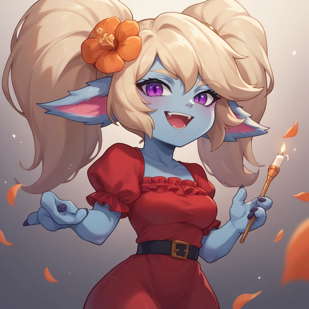 Poppy, Yordle, Small drum, colored skin, blonde hair, purple eyes, 3 fingers, 1 thumb, medium breasts, traditional day of the dead dress, long skirt, red blouse, medium bust, wide hips, jewelry on dress, tender smile, open mouth, orange flowers in the background, candles lit in the evening. Looks at the viewer, winks, has a flirtatious face, holds a fluffy orange flower in her right hand and sings for the audience.