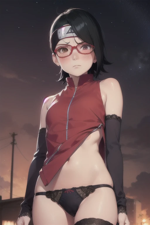 Anime style, sarada , short black hair  ,shi body ,  angry face , blush , red top , highleg_panties,  lace stockings  . Front , badass pose , standing. Moon background,  ultra-detailed,  best wallpaper 