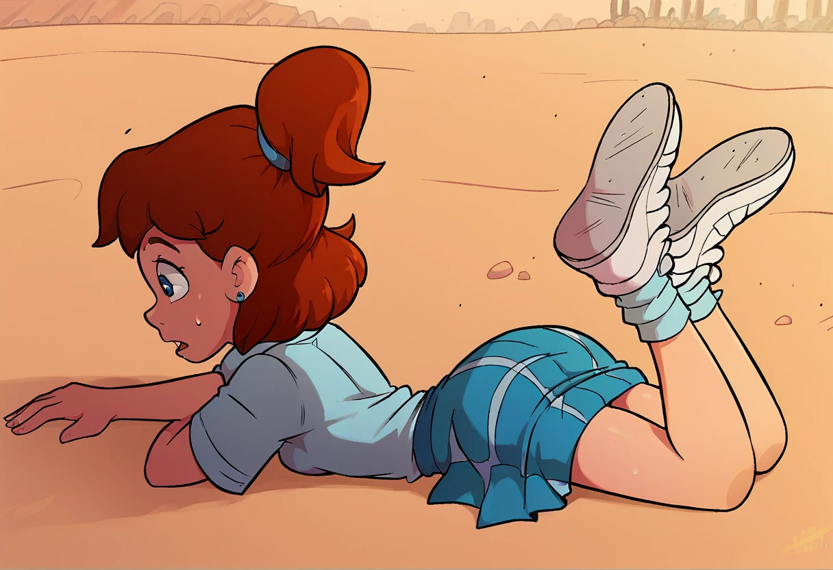 1girl, jenny, brown hair, ponytail, blue eyes, earrings, Shirt, Skirt, straight-on, lying, on stomach, crawling, showing her butt, Cute butt, on ground, tired, open mouth, tounge out, Sweating, in the sand, Desert Background