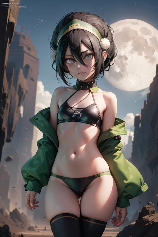 Toph beifong  ,1girl , anime , masterpiece  , Black hair,green jaqueta aberta open clothes ,flat  chest  , bra,  pantie ,(loli body) ,standing , long socks,  disgusted  face ,sexy .night desert rock , Background moon dark night . 