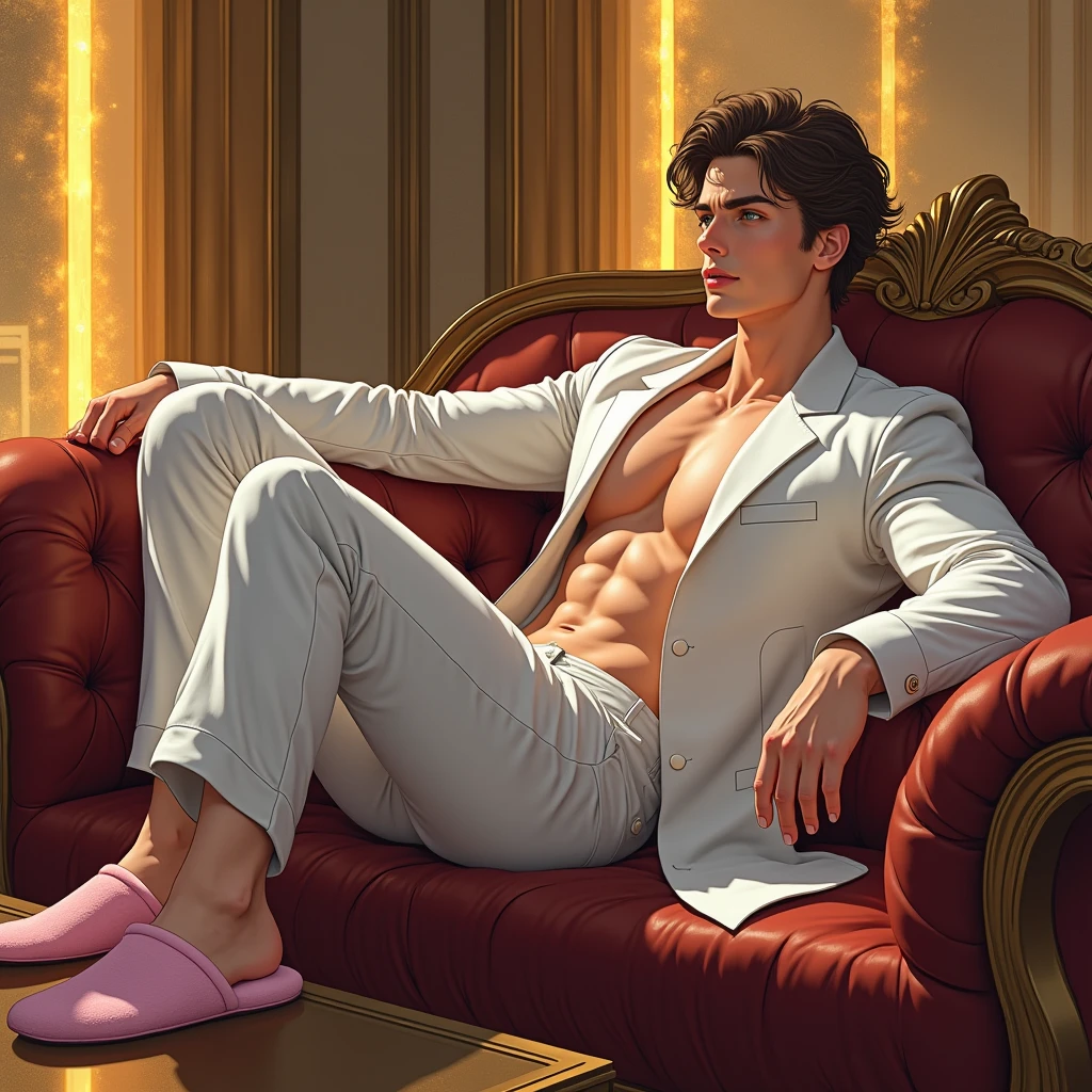 Full Body photorealistic shots of handsome hunky blonde Prince of the Sun, wearing gold, sitting on the elegant throne, sunshine, sunlight and sky as the background
