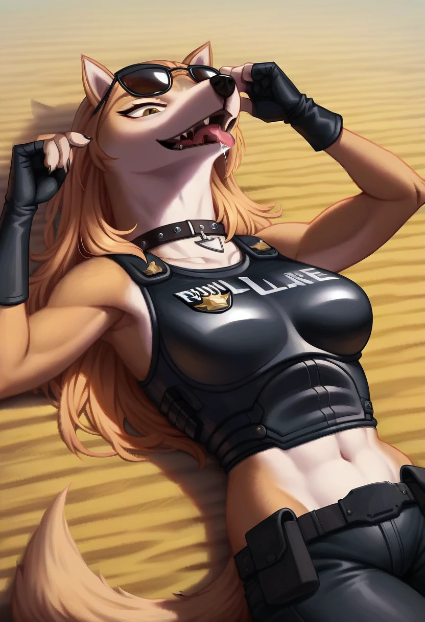 Open Mouth, Accurate, Long Hair, Breasts, Wolf Ears, Tongue, Smile, Sunglasses, dark armoured tactical police anthro uniform, dark leather collar with a badge, lying down on her belly, drooling with the tongue, kisses the viewer.