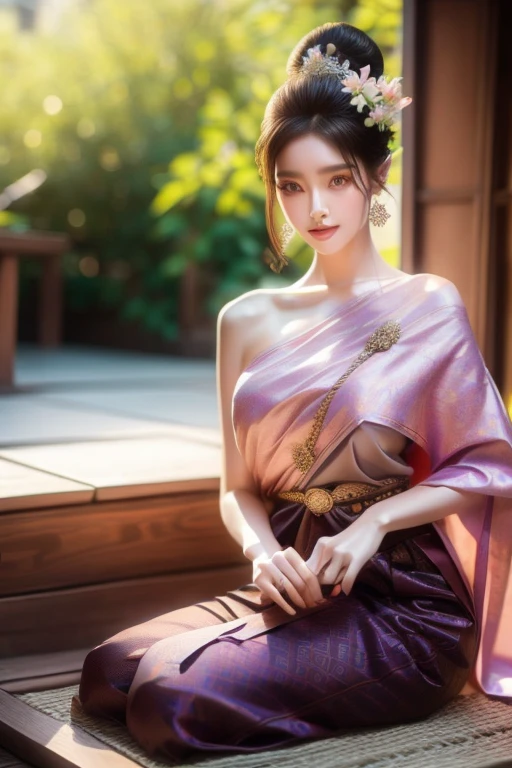 Realistic depiction of a   ancient Chinese beauty   with Colorful cosmetics, playing black guzheng in a  traditional courtyard , elegant posture, smile, Cherry blossom tree,  falling flower petals , Slender Degur, High quality,  Realistic style ,   ancient Chinese beauty  , Colorful cosmetics,  ornamental dragon tattoo  ,  guzheng players , elegant posture, smile, Cherry blossom tree,  falling flower petals ,  traditional courtyard , Slender Degur1 18 year old fashion model,Obese figure, [[[[Closed crack]]]], [[[[ big breasts]]]], [[[[Call]]]], [[[[shoulder]]]], perfect eyes, perfect iris，perfect lips， perfect teeth ， perfectly beautiful skin ，Long face，A pointed nose，The headlights are not bright.，HDR， light pink clothing ， thin red dress ，Eyes on the audience ,  Traditional Thai costume  ，sitting on a luxurious sofa,Long purple hair，ผมยาวมีผ้าคลุมshoulder，  background is exterior  .，  x} Beautiful Thai house background  ,Cool color image 