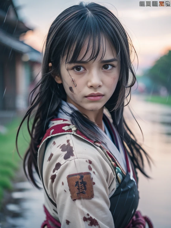 (Close up portrait of one slender small breasts two side up black medium hair with bangs girl in a black colored dirty bloody samurai armor in Japan at raining:1.5)、(One girl makes fighting pose and hold Japanese traditional white blade sword on hand under the raining sky on the grassland in old Japan with crying dirty bloody face:1.5)、(Heavy raining dark sky:1.5)、(blurred background:1.5)、(Natural light:1.5)、(8k ultra detailed master piece:1.5)、(perfect anatomy:1.5)、(Photorealistic stick:1.5)、(Raw photo:1.3)、(highest quality:1.5)、(High resolution:1.3)、(Delicate and beautiful perfect face:1.3)、(Delicate and beautiful eye air skin:1.3)、(Real Human Skin:1.3)、((thin legs))