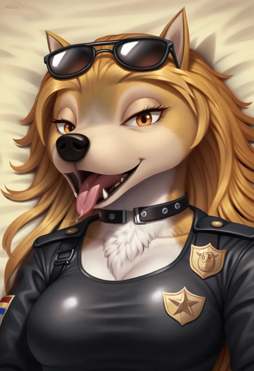 Open Mouth, Accurate, Long Hair, Breasts, Wolf Ears, Tongue, Smile, Sunglasses, dark armoured tactical police anthro uniform, dark leather collar with a badge, lying down on her belly, drooling with the tongue, kisses the viewer.