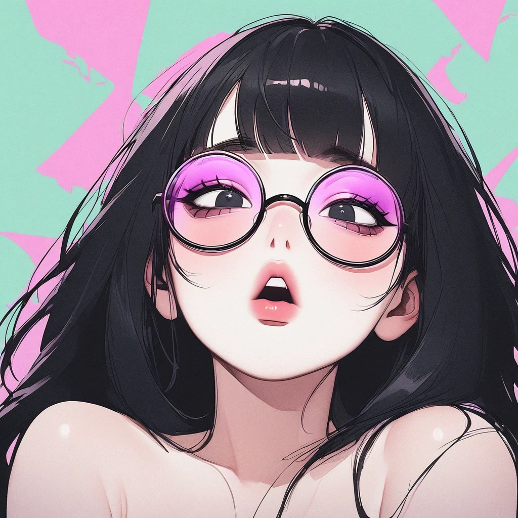 Girl, black hair, black eyes, beautiful, strapless mint dress, pastel colors, face close-up, flat, lipgloss, brat, big round glasses, korean, wide mouth, submissive, straight bangs, looking up, pink cheeks, tongue, Chinese, japanese