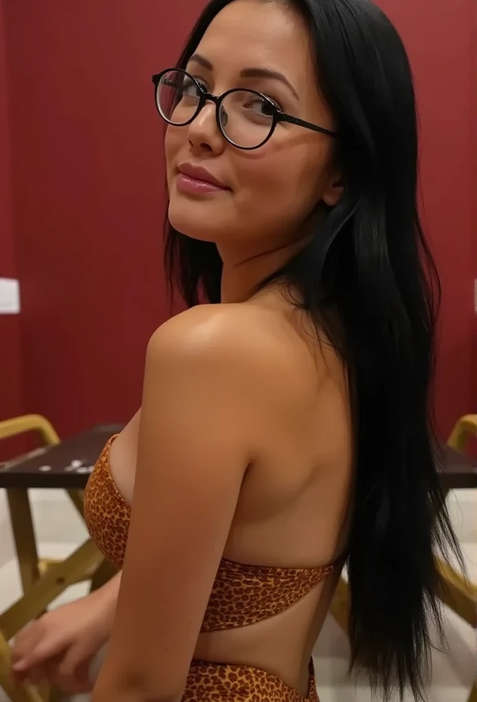 full body, a naked horny lustful indonesian lady, emo pixie hair, thick lips, geeky eyeglasses, busty saggy tits, tan lines, vagina exposed, high heels, necklace, bracelet, catwalk model pose, dark cafe bokeh atmosphere, inspired by Denise Richards
