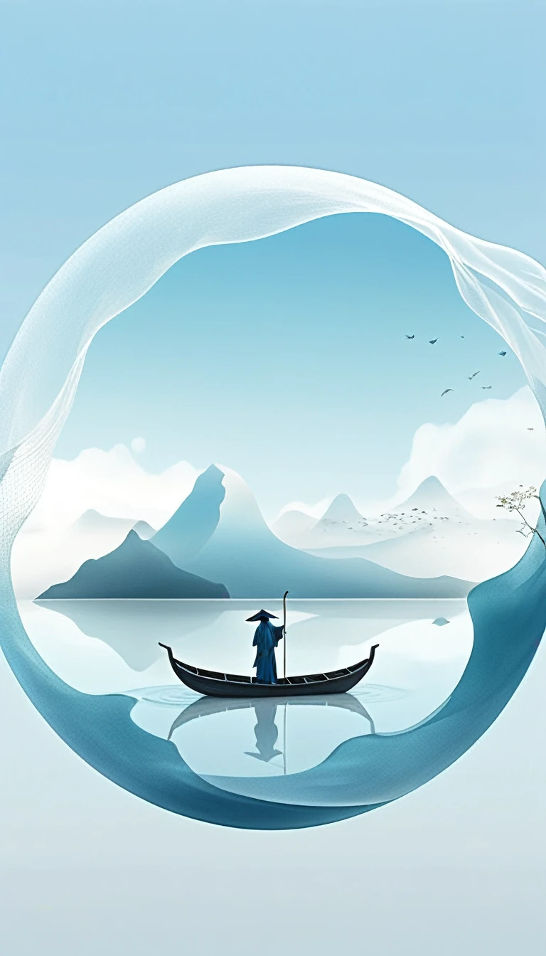 Minimalism, large areas of white space, mountain-shaped water reflection, perspective aesthetics, light blue, soft gradient colors, a minimalist painting from ancient China, a small transparent boat model, macro zoom, veil, veil material , pure white background, artistic ink design, depth of field --no black --ar,4k,Ultra HD