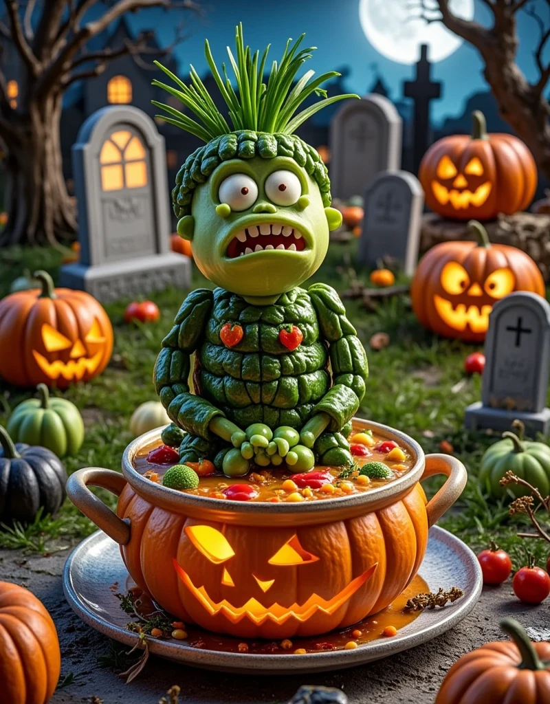 Halloween night, (colorful soup monster), artistic expression, stunningly beautiful work, the characters and elements of the landscape fit perfectly into the frame of the image, realized in detail, defining high quality, expressive faces, piercing eyes, (haunted house kitchen), masterpiece, (cute soup monster), gourmet product photography, film and television lighting effects, advanced filters, octane rendering, realistic photography, Halloween food carvings, unique shapes, colorful colors, bright colors