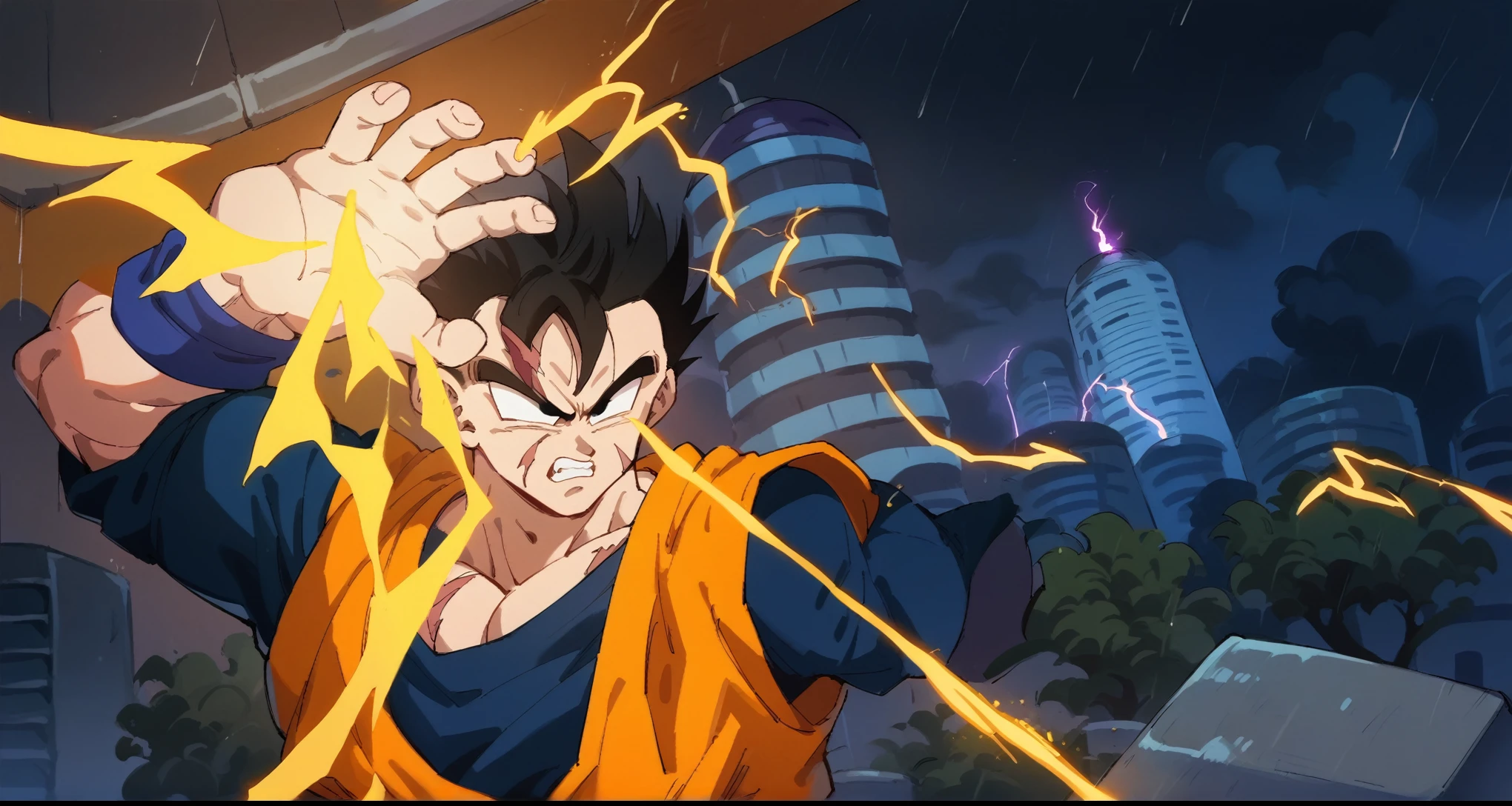 dragonball artstyle, city, buildings, son gohan, 1 armed, orange gi, battle scar, face scar, angry, lightning,energy aura, sparks of lightning, muscular, wristband, dark sky, purple clouds, raining