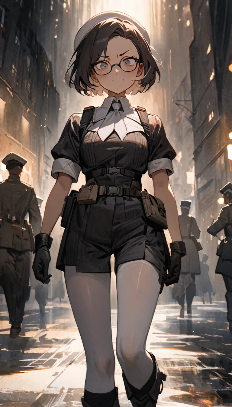 best quality, ultra detailed, dark atmosphere, impressionism, Femdom, pastel academia, watercolor, soft-edged, dramatic lighting, exquisite, grinning, frowning, medic girl short hair (forehead side part), ridicule smile, delightful, (sanpaku), violet leotard,White necktie,(Gainsboro White tights3),White short sleeve blouson,White military,White beret, (black opera gloves), glasses skinny, urban tactical harness magazine pouch, black long boots, black socks, 