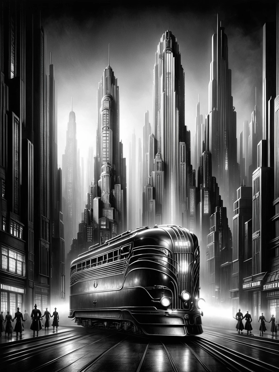  heavy dieselpunk streetcar on the street  ,buildings, Ultra-detailed Mega-City , sharp, hyper-realistic,  kinematic lighting , black magic,  detailed texture, photograph,  photorealistic  , dark theme, silhouette,  Hugh Ferris style 
Mad-Ropolis movie, futuristic, Art Deco, expressionist, 1920s,  Black and White ,