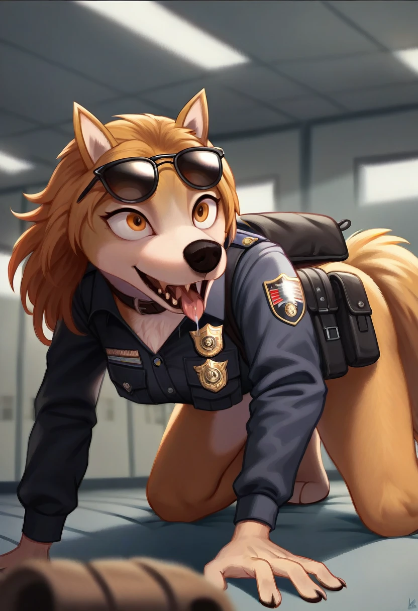 Open Mouth, Accurate, Long Hair, Breasts, Wolf Ears, Tongue, Smile, Sunglasses, dark armoured tactical police anthro uniform, dark leather collar with a badge, walks on all fours, sniffling luggage, airport terminal, drooling with the tongue,