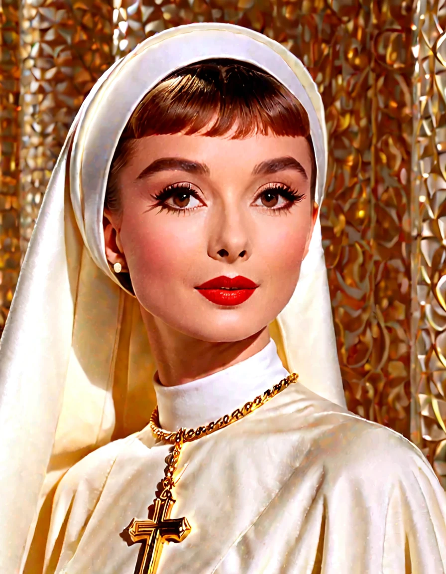   Create Audrey Hepburn in the form of a nun who exudes timeless elegance and vintage appeal.  Soft , Attractive lighting.  Highlight her look with a touch of refinement 、 probably inspired by Hollywood's Golden Age 、  super realistic photo ,   bright color, 16k