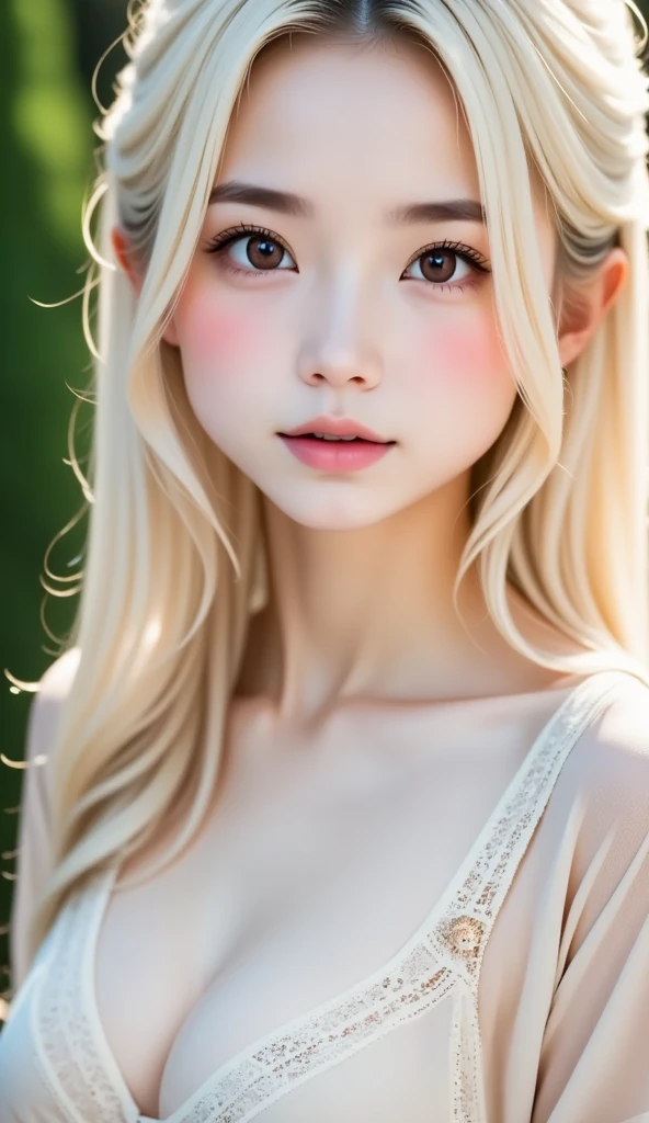 Best Quality、masterpiece、RAW Photos、Film Grain、８ｋ、Ultra-high resolution、Very cute girl、Albino Girl、Super cute、(((Dreadlocks、Pure white hair:1.2、Laugh a little:0.1)))、Silk pajamas、Blushing, Nose bright red, Deformed cheek blush,