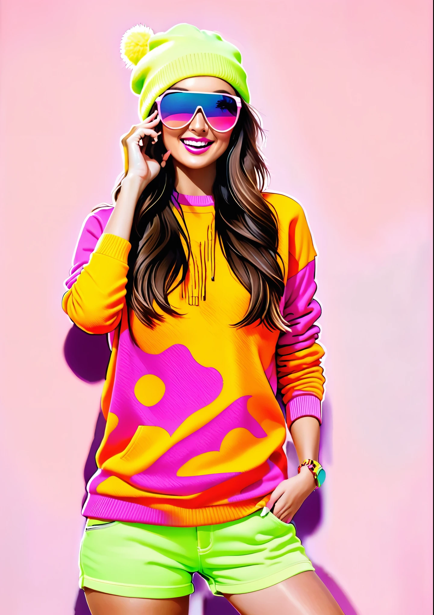   a woman wearing neon green shorts and a bright pink sweater, Bright style, bright neon colours, bright neon colors, bright neon, wearing a pink sweatshirt, Neon style ,  bright and striking colors , warm clothing ,  bright and saturated colors , colorful clothes,   bright and saturated colors  , pink and green, colorful fashion, bright and vivid colors :1,  Bold and bright colors 