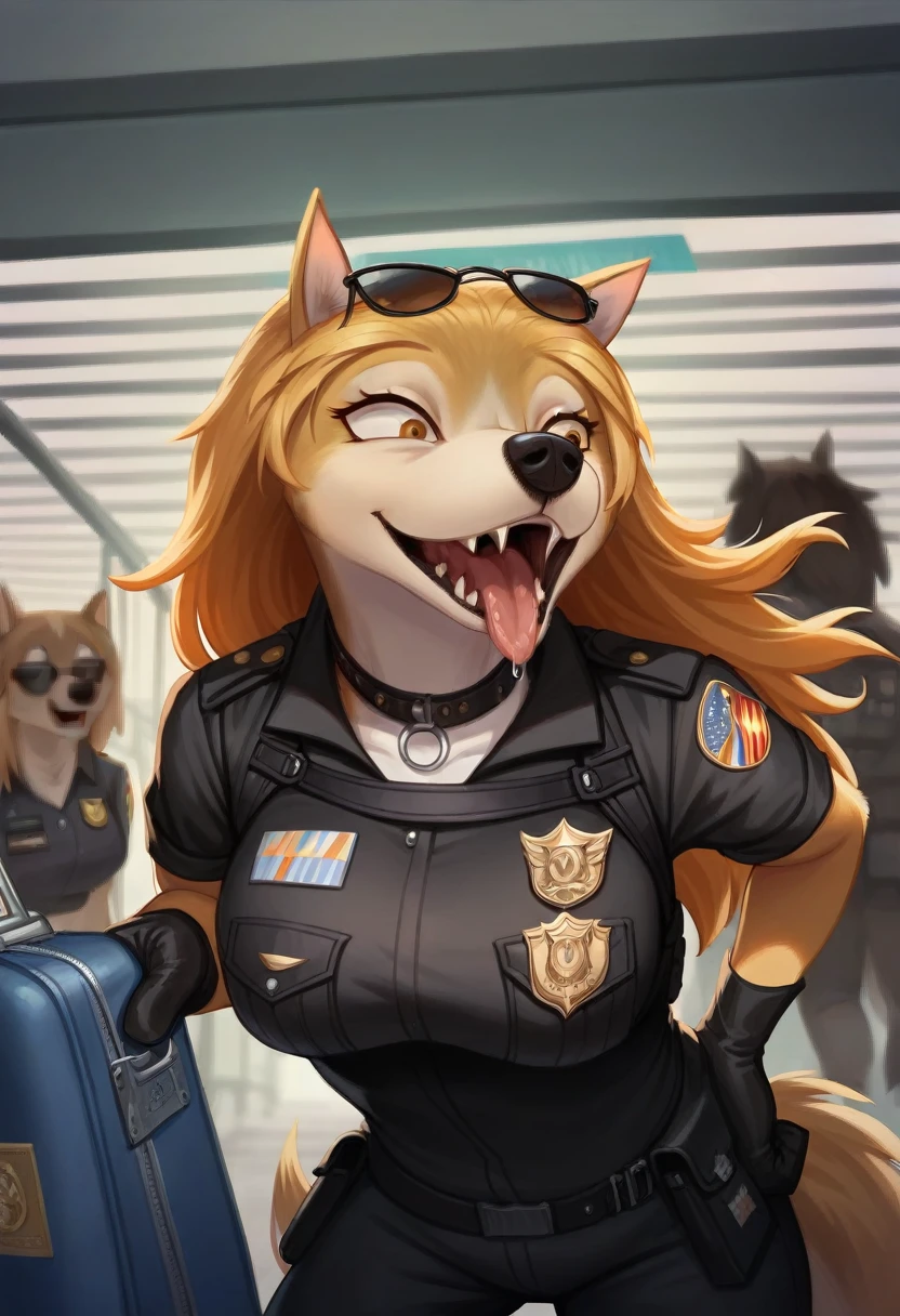 Open Mouth, Accurate, Long Hair, Breasts, Wolf Ears, Tongue, Smile, Sunglasses, dark armoured tactical police anthro uniform, dark leather collar with a badge, sniffling luggage, airport terminal, drooling with the tongue,