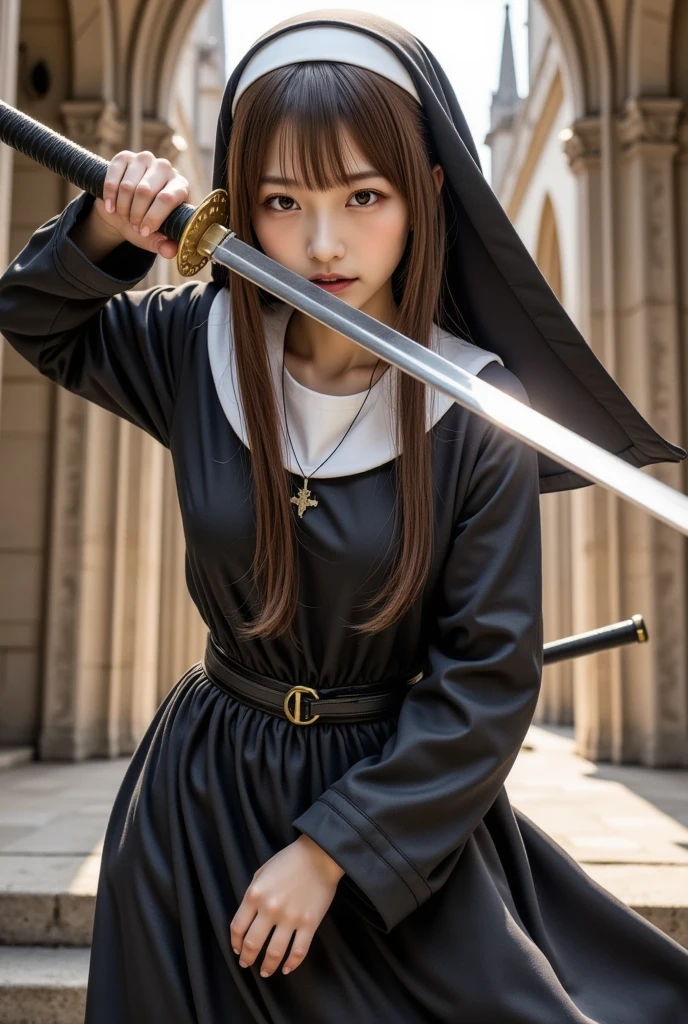 
One girl, gal,A fierce nun wielding a katana in an action-packed battle scene, dynamic pose, intense expression, detailed background of an ancient cathedral, dramatic lighting, motion blur to emphasize speed and movement, anime style, intricate details on the nun's attire, strong contrast between light and shadow.